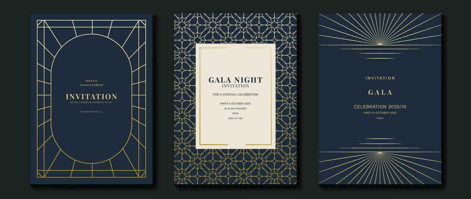 lujo gala invitación tarjeta antecedentes vector. dorado elegante geométrico patrón, oro línea en oscuro azul antecedentes. prima diseño ilustración para Boda y VIP cubrir plantilla, grandioso apertura. vector