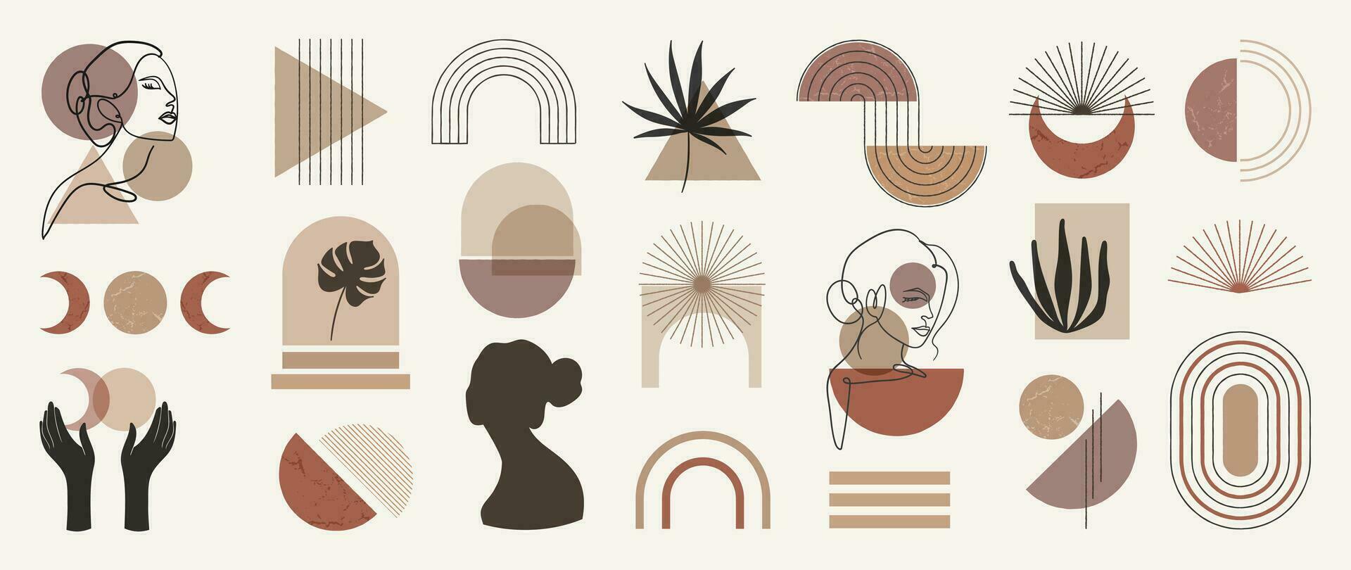 Hand drawn abstract minimal element mid century vector set. Aesthetic contemporary stripe line art, watercolor geometric shapes, women in earth tone. Design for wall art, decoration, wallpaper.