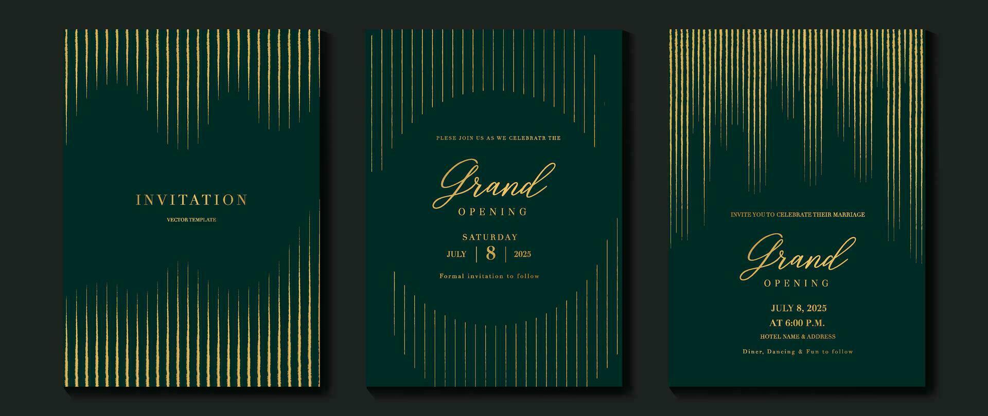 lujo gala invitación tarjeta antecedentes vector. dorado elegante geométrico forma, oro línea modelo en verde antecedentes. prima diseño ilustración para Boda y VIP cubrir plantilla, grandioso apertura. vector