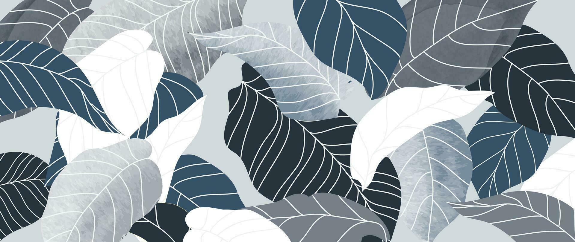 Tropical leaf line art background vector. Natural botanical leaves pattern design in linear contour, watercolor texture. Plant illustration for fabric, print, cover, banner, decoration, wallpaper. vector