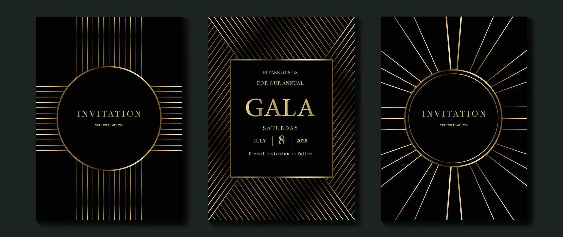 Luxury gala invitation card background vector. Golden elegant geometric shape, gradient gold lines on dark background. Premium design illustration for wedding and vip cover template, grand opening. vector