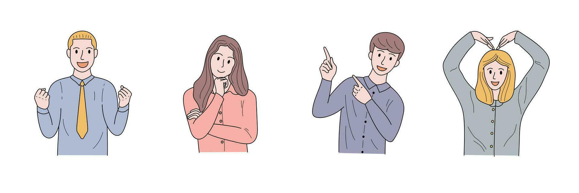 People characters portrait illustration. Set of male and female in different poses, smile, pointing, love, office concept, hairstyle and clothes. Minimal style young adults for ads, print, decorative. vector