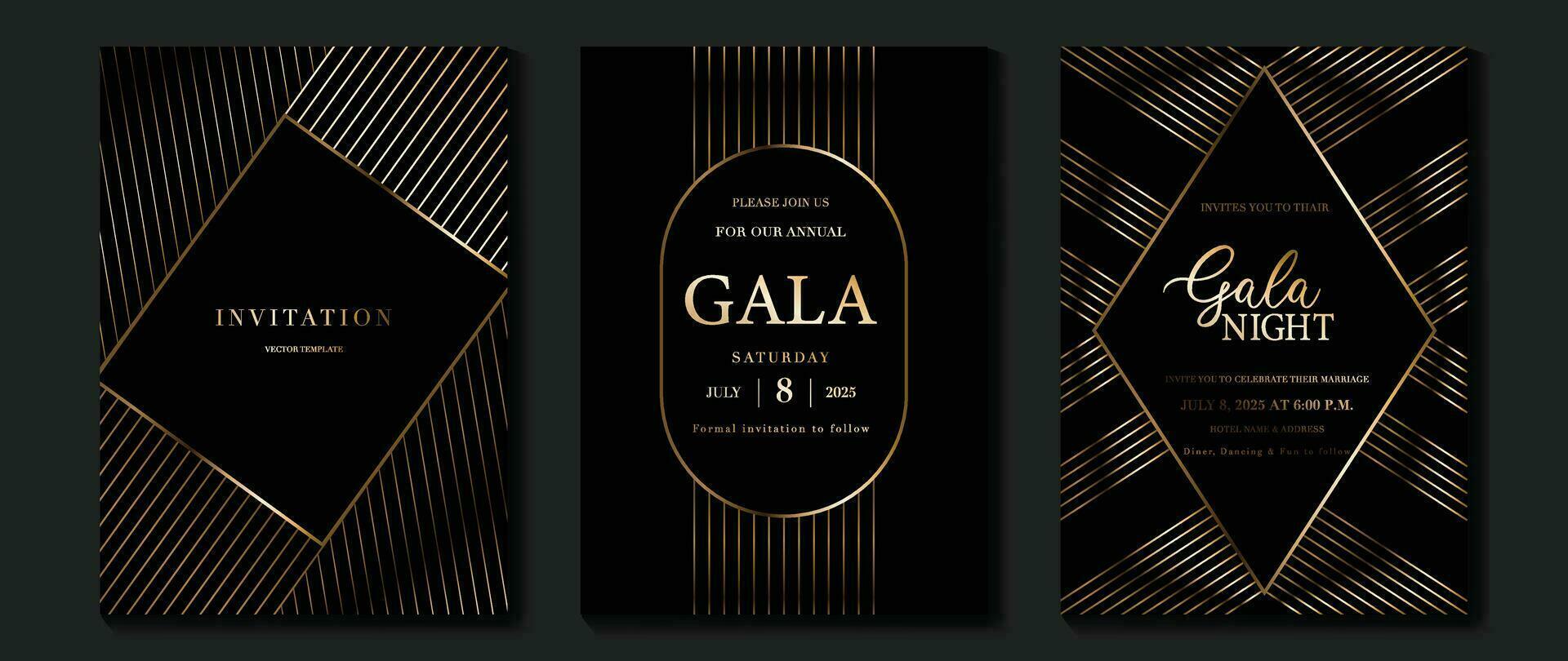Luxury gala invitation card background vector. Golden elegant geometric shape, gradient gold lines on dark background. Premium design illustration for wedding and vip cover template, grand opening. vector