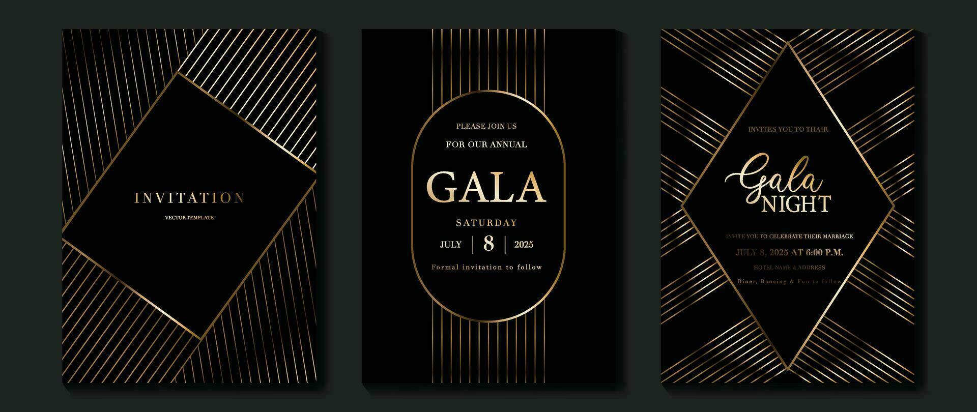 lujo gala invitación tarjeta antecedentes vector. dorado elegante geométrico forma, degradado oro líneas en oscuro antecedentes. prima diseño ilustración para Boda y VIP cubrir plantilla, grandioso apertura. vector