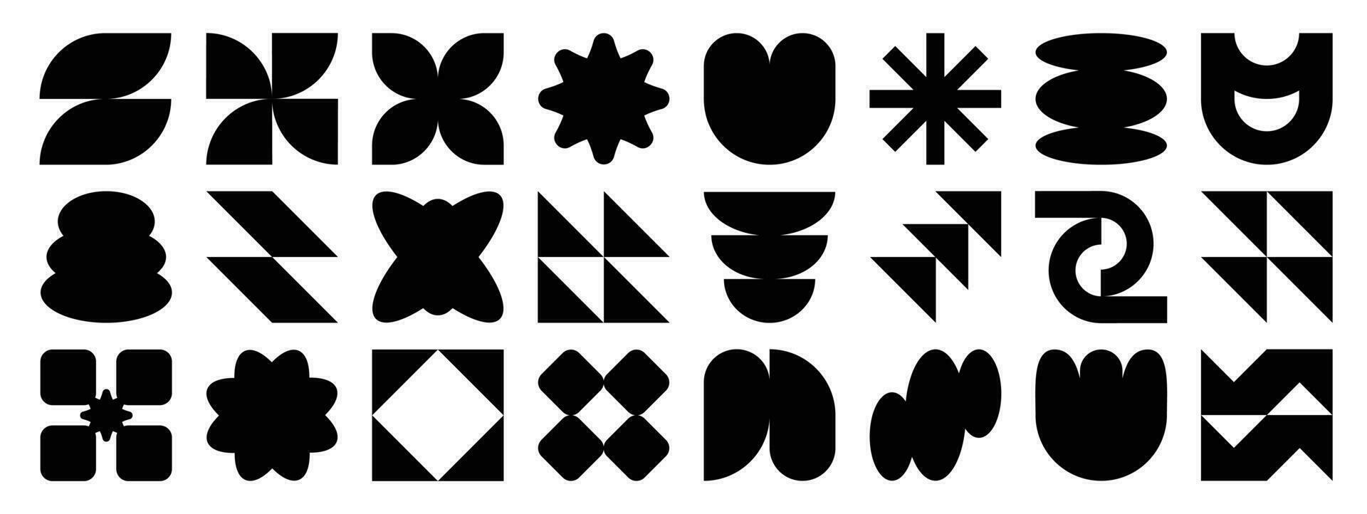 Collection of geometric shapes on white background. Abstract black color icon element of flower, square, pixel, sparkling, different shapes. Icon graphic design for decoration, logo, business, ads. vector