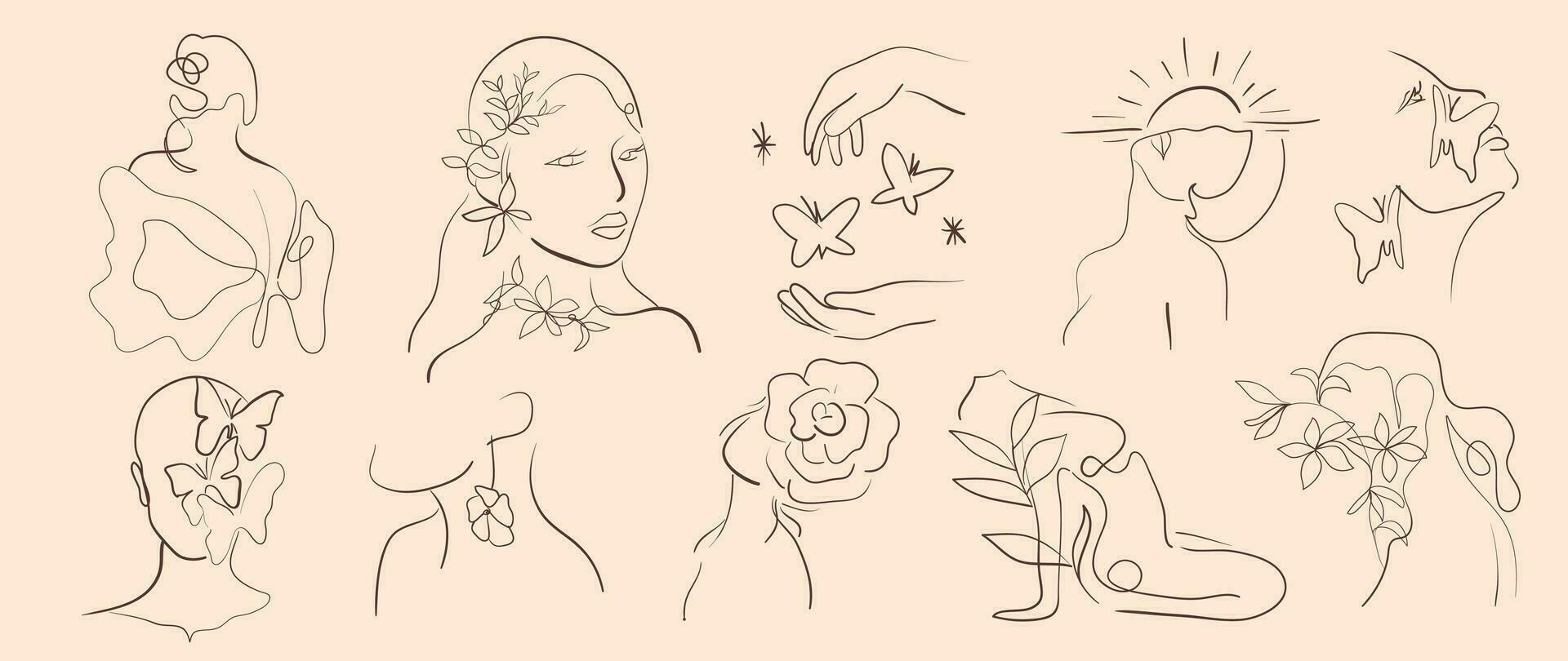 Minimal hand drawn line art vector set. Aesthetic line art design with  woman body, faces, hands, butterflies, leaves, flower. Abstract drawing for wall art, decoration, wallpaper, tattoo.