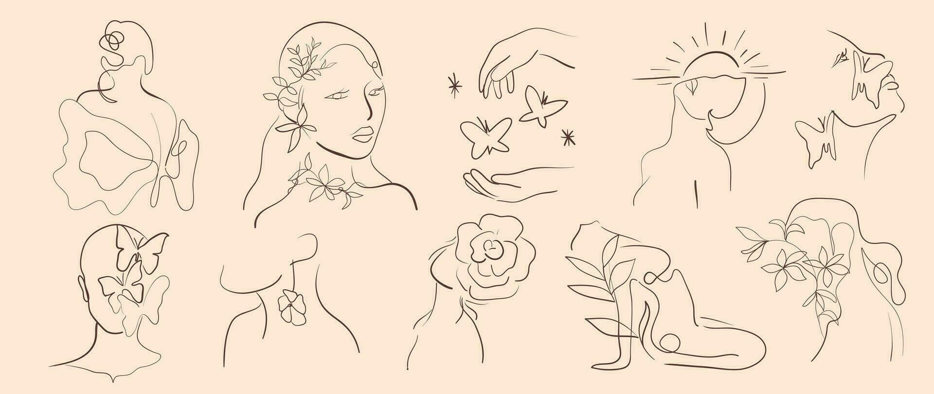 mínimo mano dibujado línea Arte vector colocar. estético línea Arte diseño con mujer cuerpo, caras, manos, mariposas, hojas, flor. resumen dibujo para pared arte, decoración, fondo de pantalla, tatuaje.