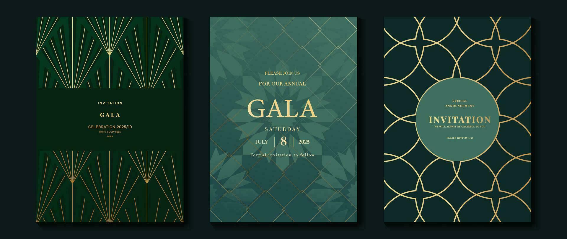 Luxury gala invitation card background vector. Golden elegant geometric shape,  gold flower on green background. Premium design illustration for wedding and vip cover template, grand opening. vector