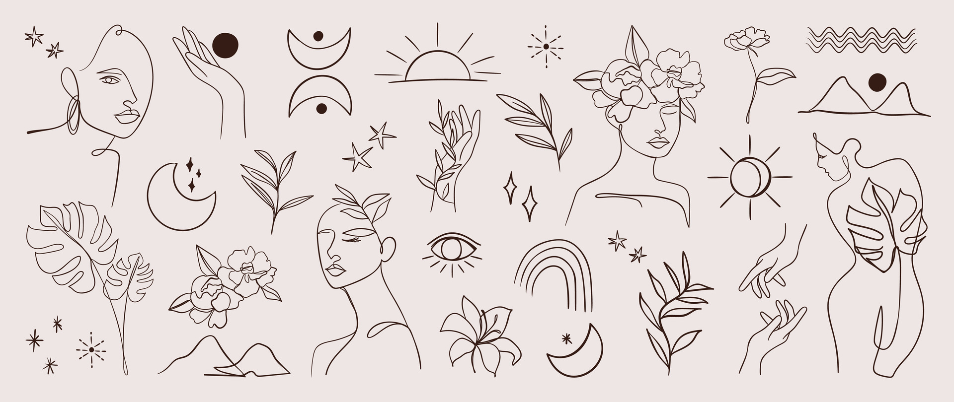 Minimal hand drawn line art vector set. Aesthetic line art design with woman body, face, hands, body, mountain, moon, sun, flower. Abstract drawing for wall art, decoration, wallpaper, tattoo. 25552112 Vector Art