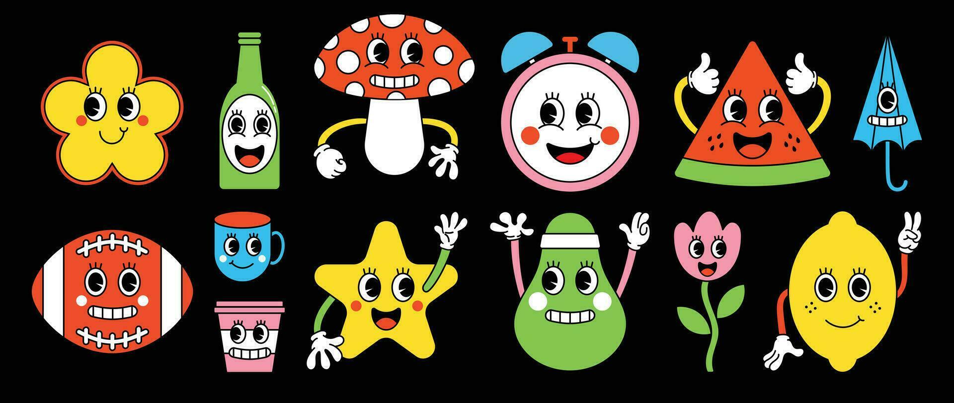 Set of 70s groovy element vector. Collection of cartoon characters, doodle smile face, flower, lemon, mushroom, star, bottle, cups, clock. Cute retro groovy hippie design for decorative, sticker. vector