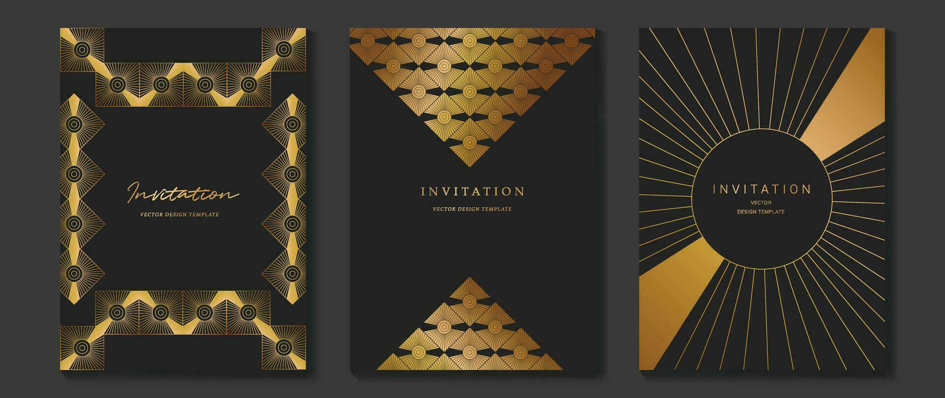 lujo gala invitación tarjeta antecedentes vector. dorado elegante geométrico forma, degradado oro líneas en oscuro antecedentes. prima diseño ilustración para Boda y VIP cubrir plantilla, grandioso apertura. vector