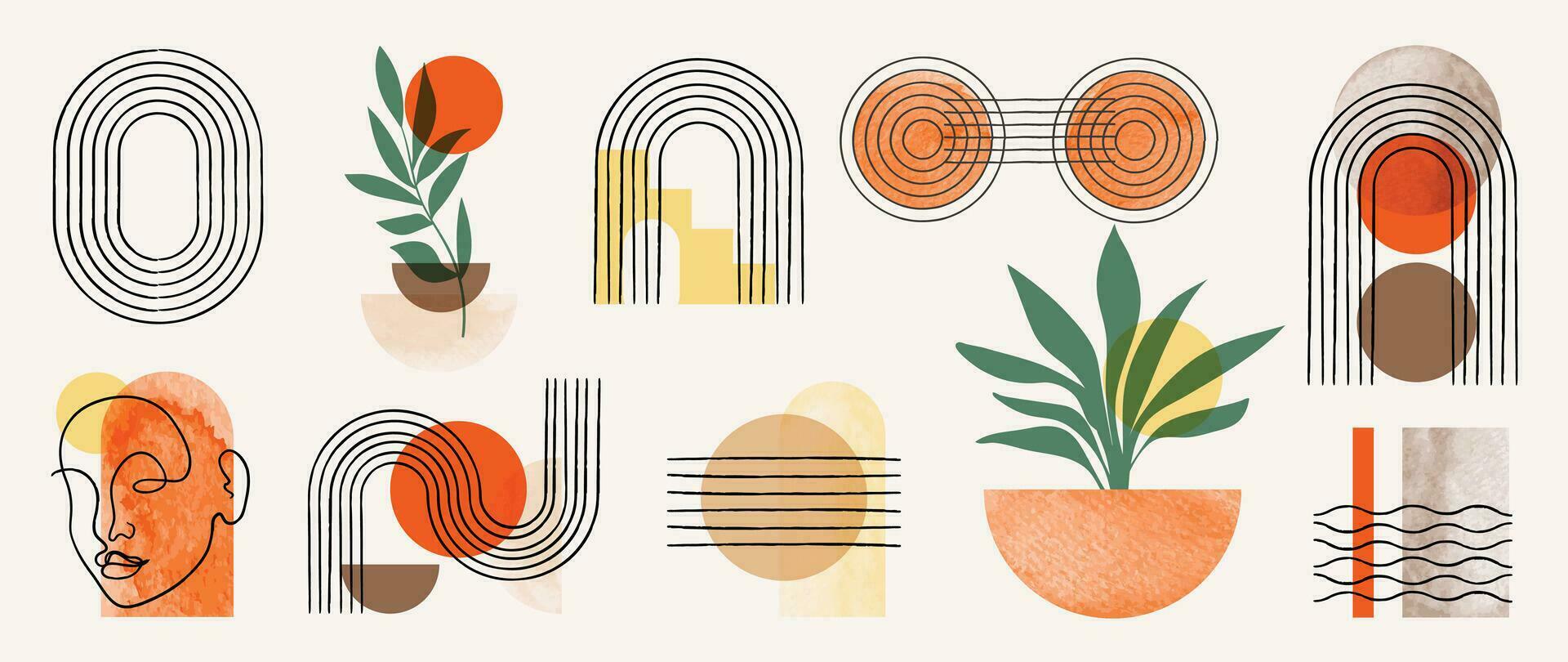 Hand drawn abstract minimal element mid century vector set. Aesthetic contemporary stripe line art, watercolor geometric shapes, women in earth tone. Design for wall art, decoration, wallpaper.
