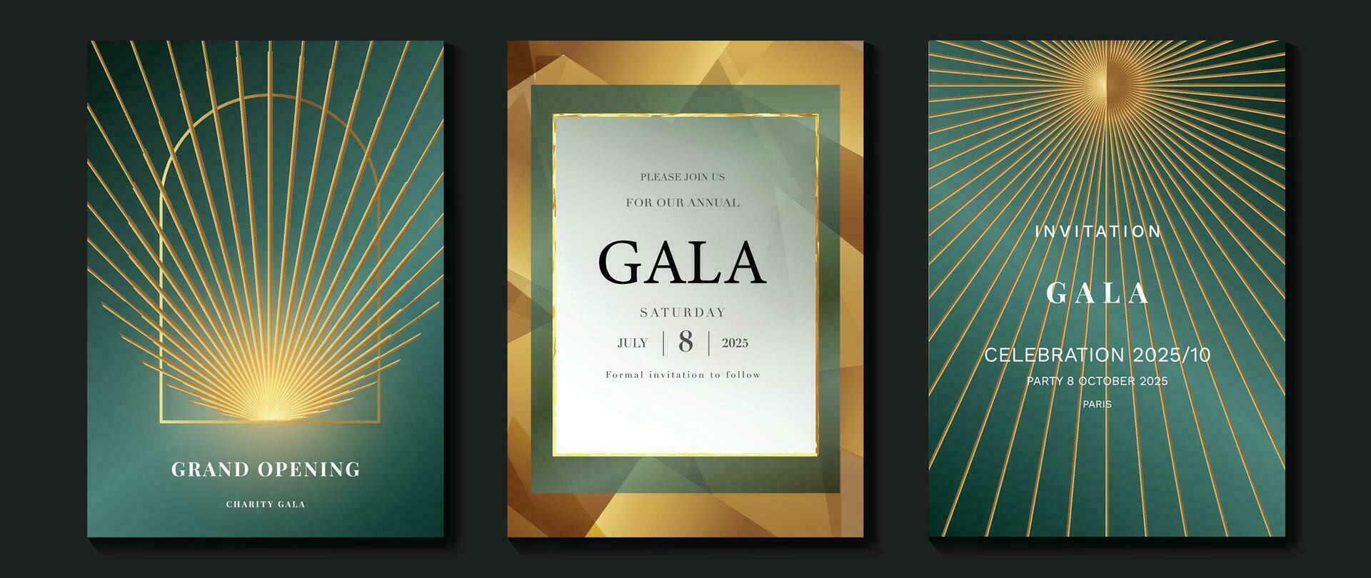 Luxury gala invitation card background vector. Golden elegant geometric shape,  gold line on green and gold background. Premium design illustration for wedding and vip cover template, grand opening. vector