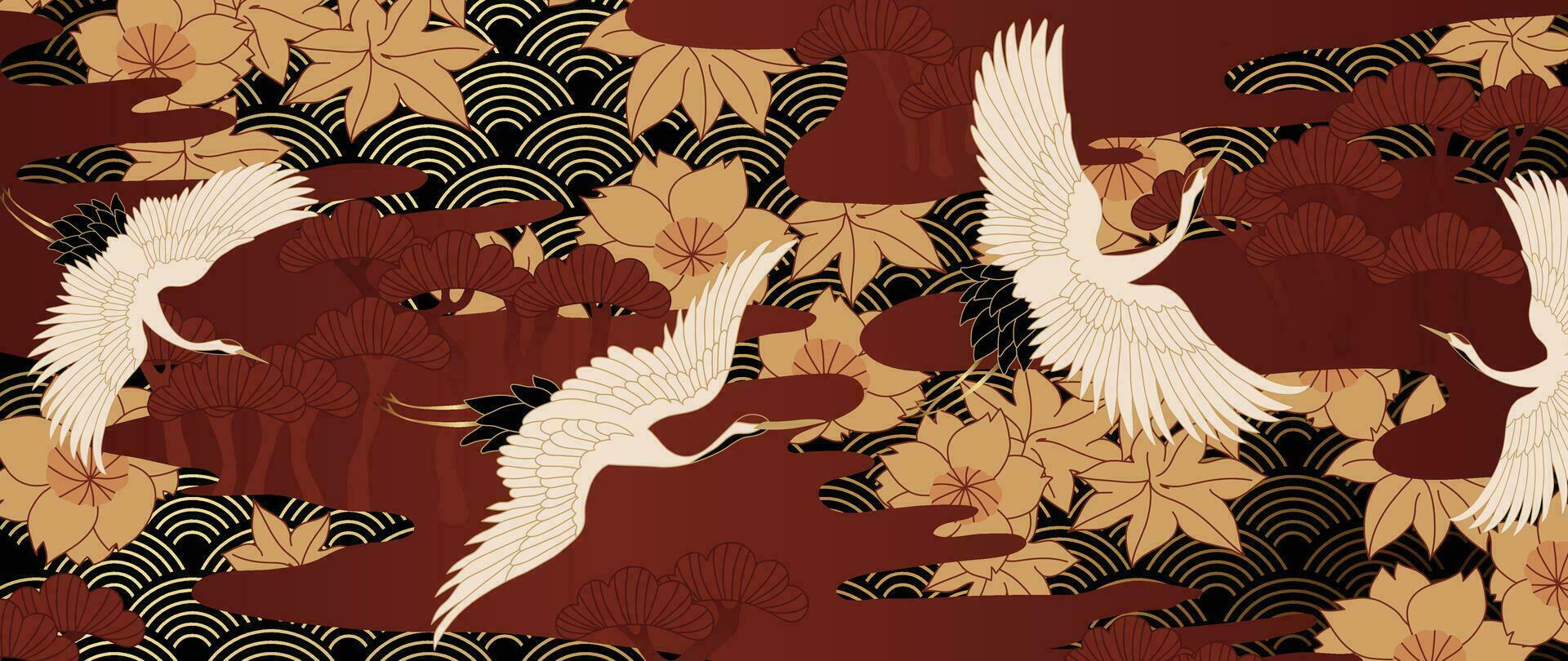 lujo oro oriental estilo antecedentes vector. retro chino y japonés fondo de pantalla modelo diseño de elegante grua pájaro, flor con oro línea textura. diseño ilustración para decoración, pared decoración. vector