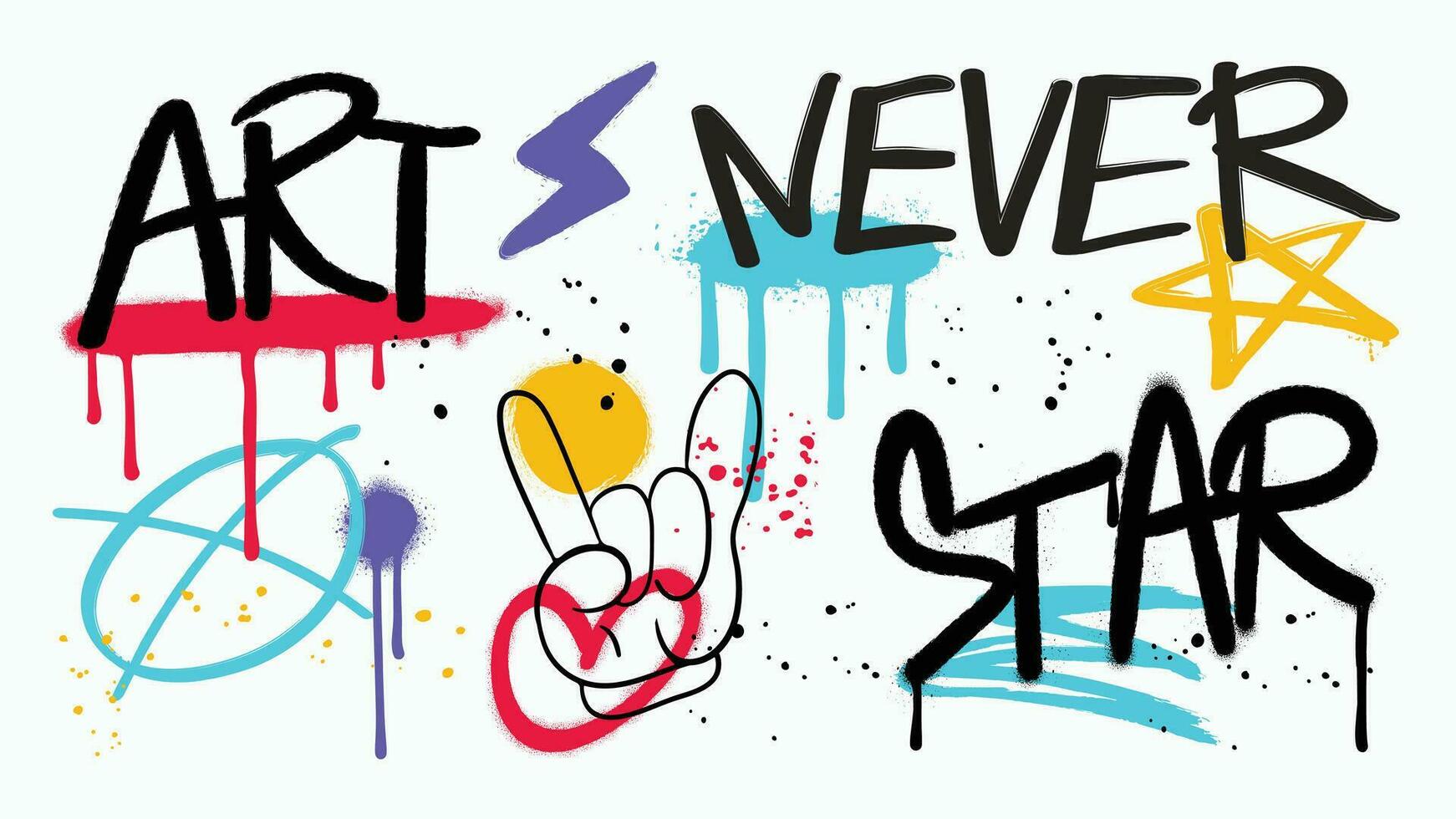 Set of graffiti spray vector. Collection of colorful symbols, scribble, hand posse, words, star, bolt with messy spray texture. Elements on white background for banner, decoration, street art and ads. vector