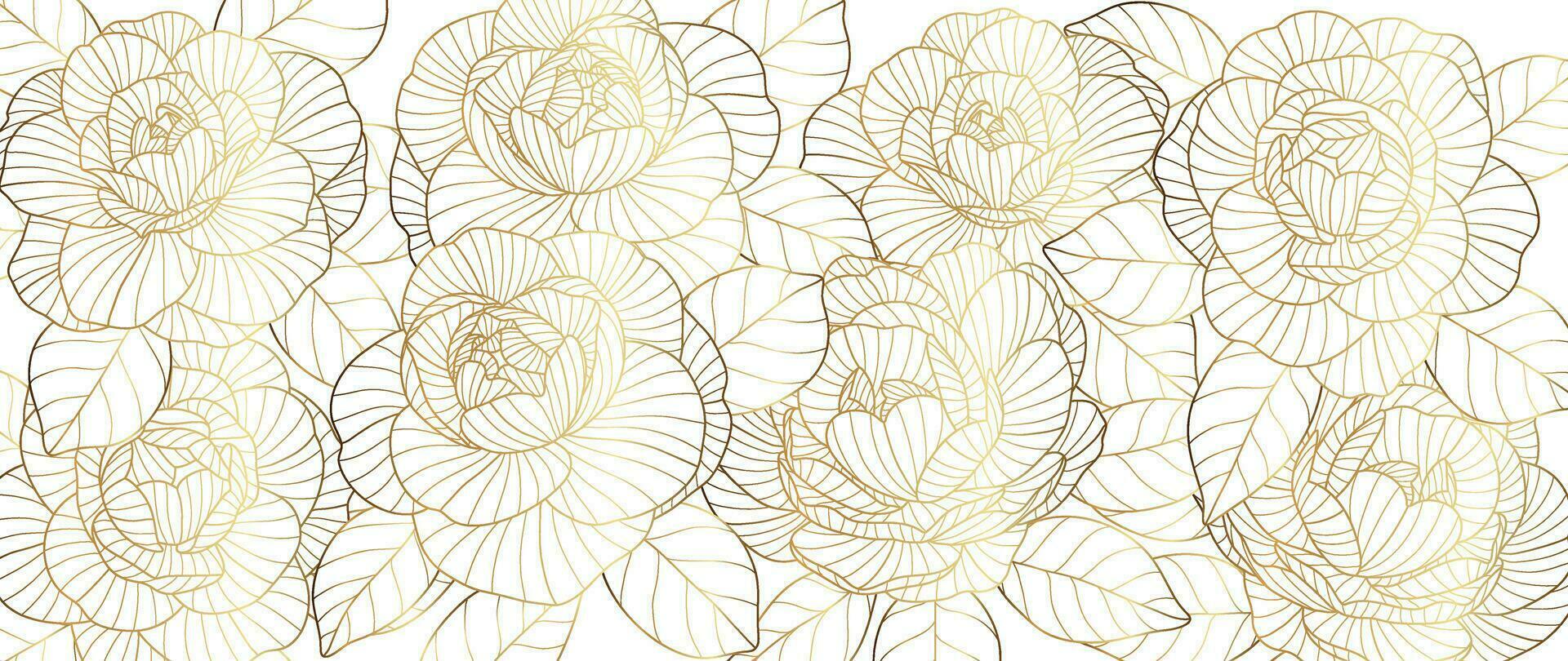 Luxury golden rose flower line art background vector. Natural botanical elegant flower with gold line art. Design illustration for decoration, wall decor, wallpaper, cover, banner, poster, card. vector