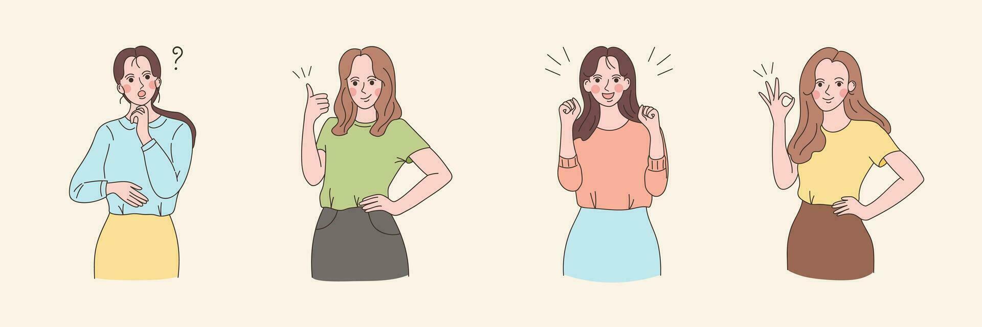 Female characters people portrait illustration. Set of women in different poses, okay, questioning, pointing, good job, hairstyle and clothes. Minimal style young adults for ads, prints, decorative. vector