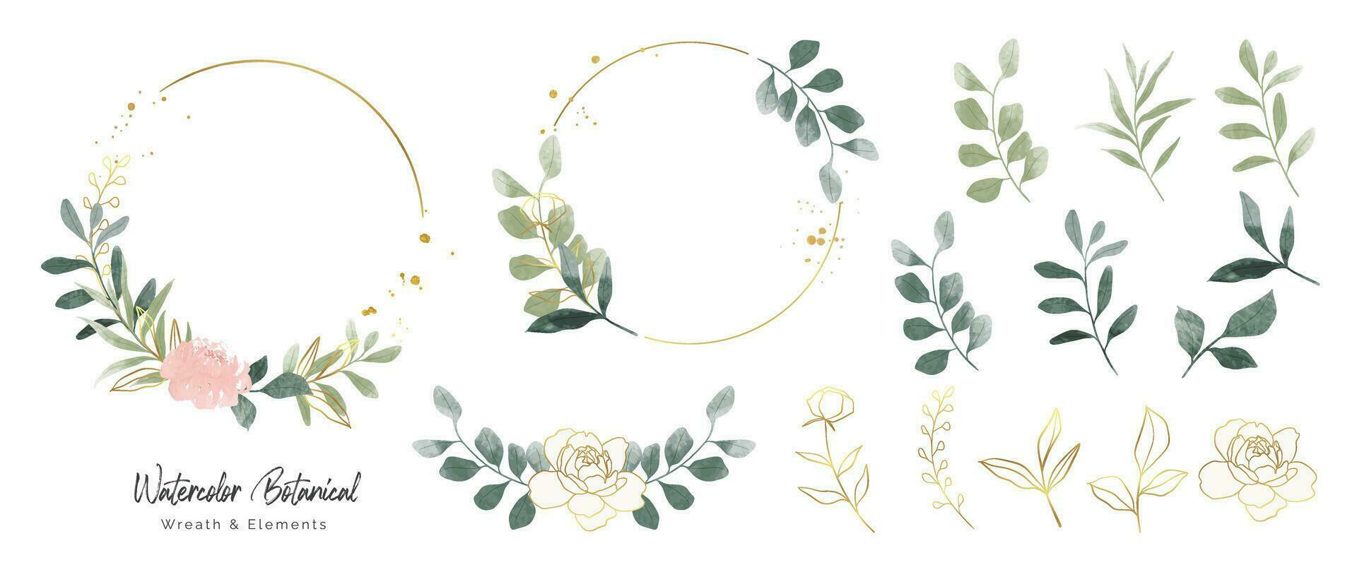 Luxury botanical gold wedding frame elements collection. Set of circle, glitters, leaf branches, rose flower. Elegant foliage design for wedding, card, invitation, greeting. vector