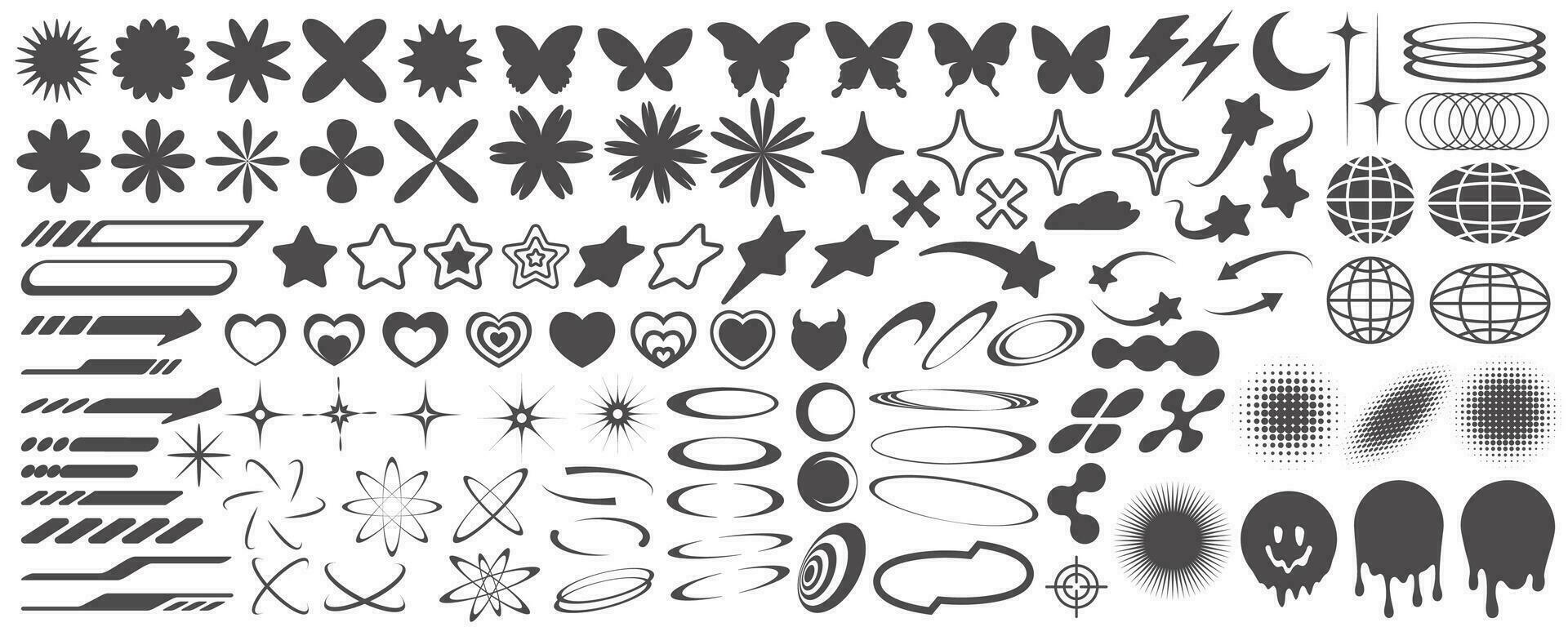 Y2k icons. Retro graphic elements for design. Modern rave symbols. Abstract geometric stars sparkles and futuristic shapes. Vector set of hearts, flowers and planets stickers.