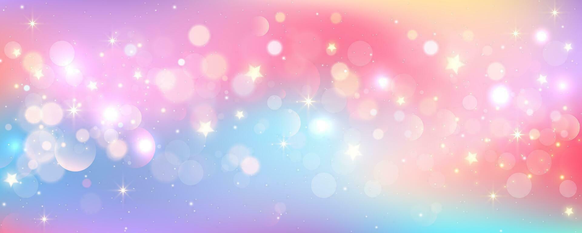 Rainbow unicorn background. Pastel glitter pink fantasy galaxy. Magic mermaid sky with bokeh. Holographic kawaii abstract space with stars and sparkles. Vector