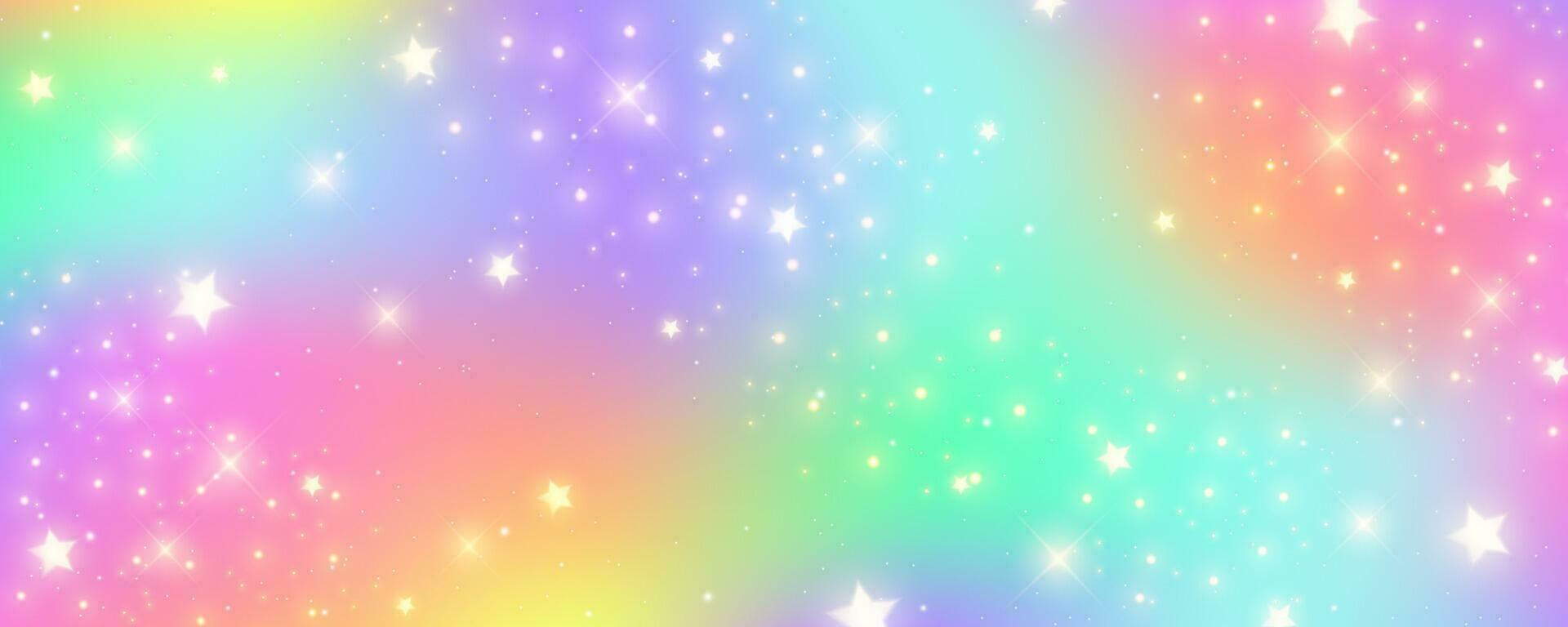 arco iris pastel antecedentes con estrellas. unicornio Brillantina galaxia. resumen fantasía espacio. holográfico iridiscente diseño con destellos vector cósmico bg.