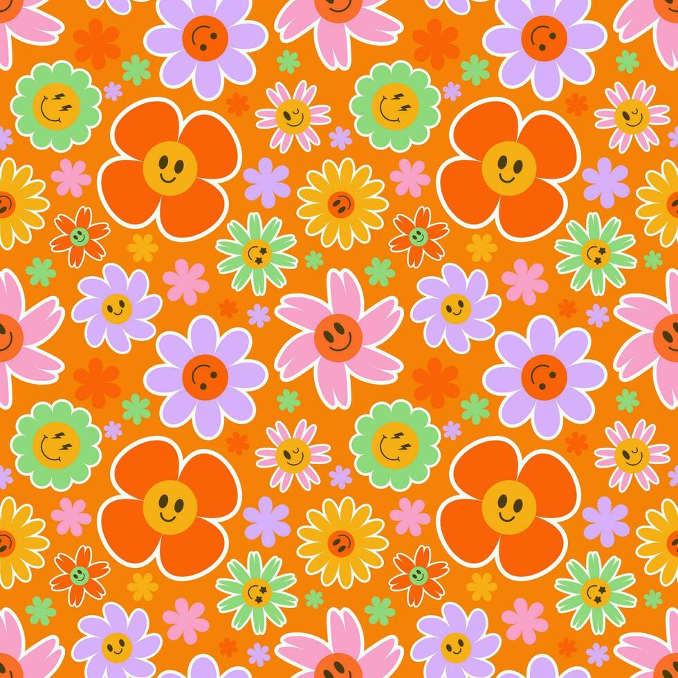 Groovy flower seamless pattern. Y2k floral smile background. Cartoon retro daisy print with funny faces. Vector trendy aesthetic illustration.