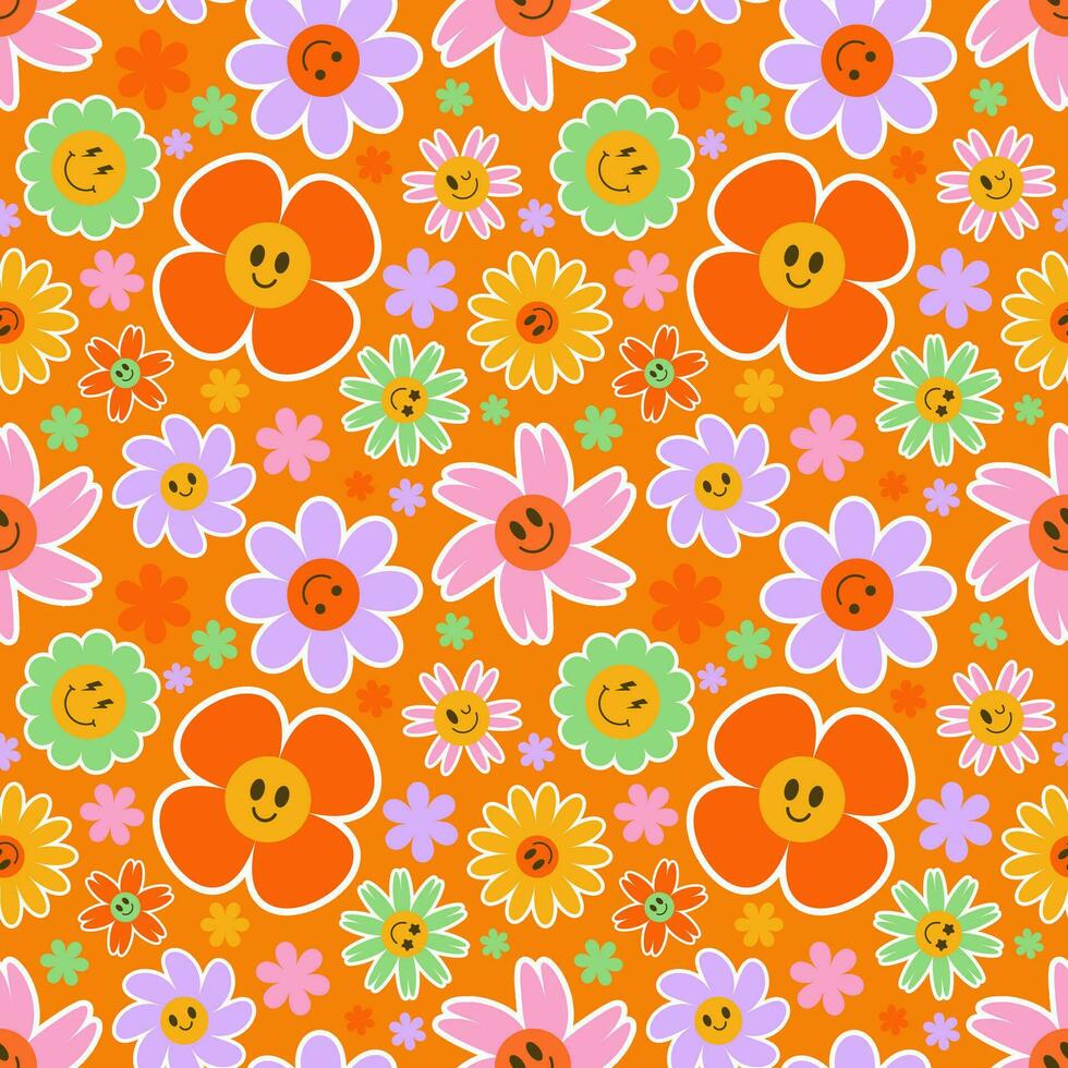 Groovy flower seamless pattern. Y2k floral smile background. Cartoon retro daisy print with funny faces. Vector trendy aesthetic illustration.