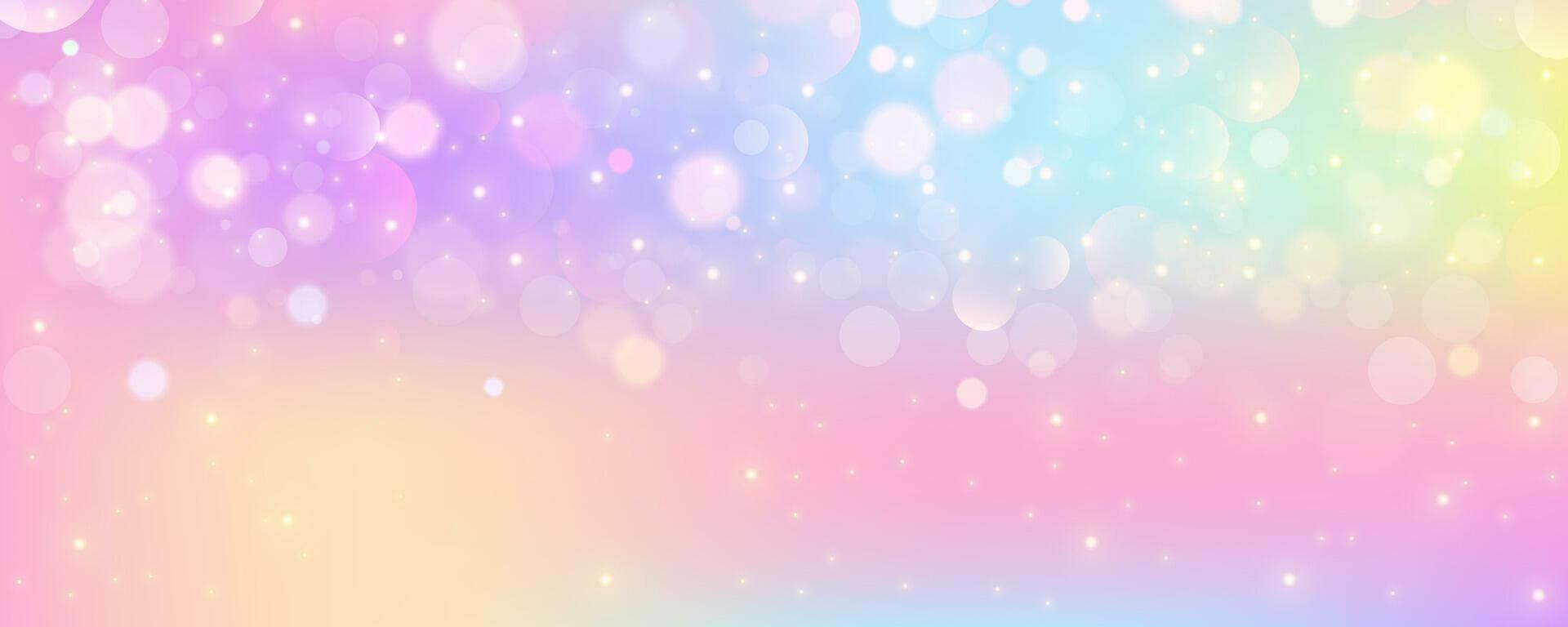 Rainbow unicorn background. Pastel pink color sky with stars. Holographic fantasy print with bokeh. Vector wallpaper for princess girl design.