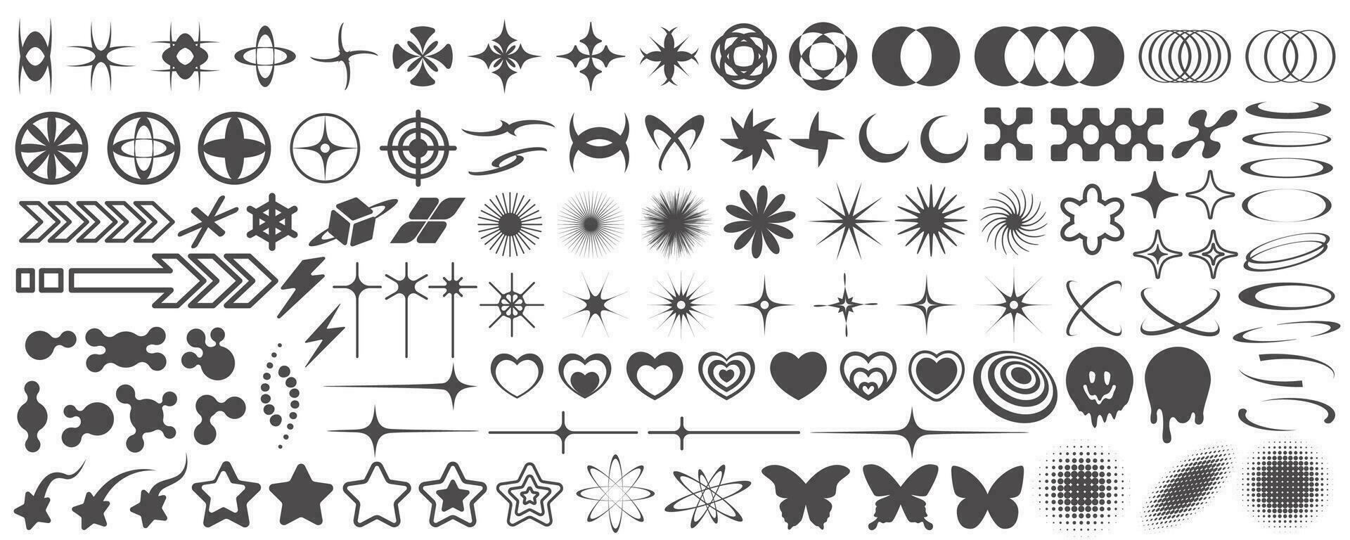 Y2k icons. Retro graphic elements for design. Modern rave symbols. Abstract geometric stars sparkles and futuristic shapes. Vector set of hearts, flowers and planets stickers.