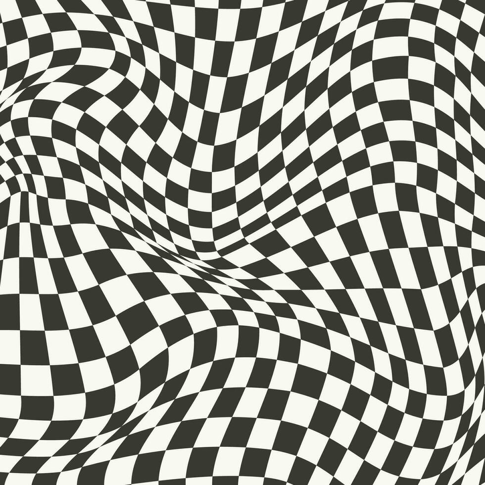 Checkerboard wavy pattern. Abstract chess square print. Black and white psychedelic optical illusion. Warped flag with geometric graphic. Y2k design for banner vector