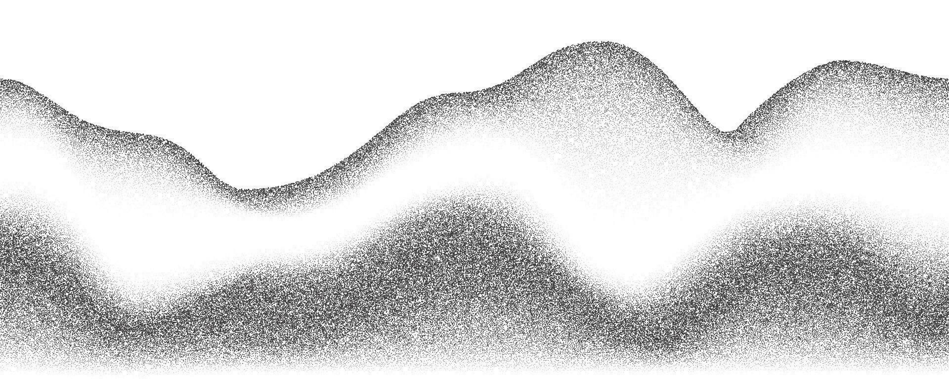 Grainy mountains with noise gradient. Dotted stippled background with grain texture. Vector grunge retro landscape.