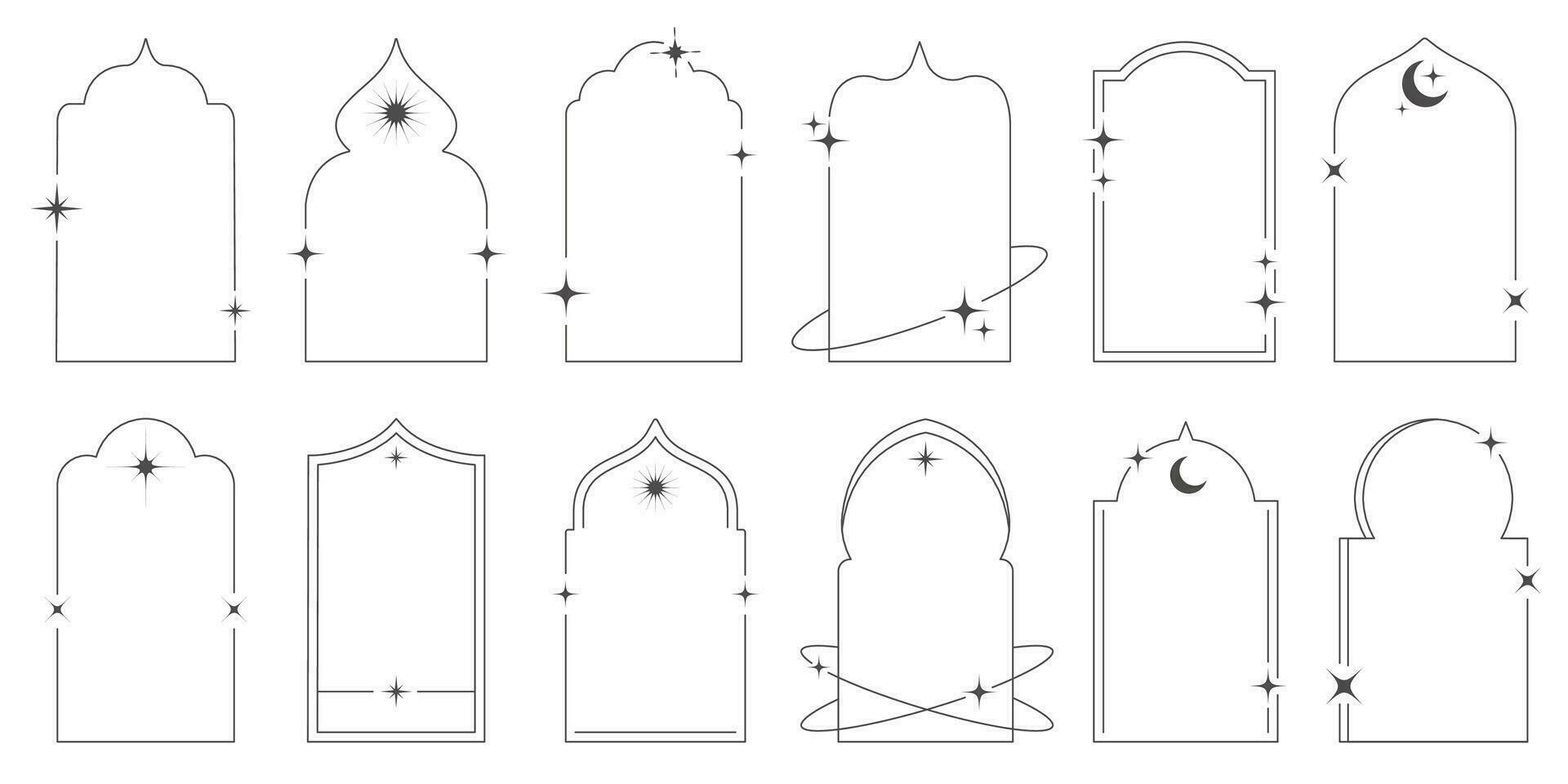 Aesthetic frame shape. Outline minimal graphic elements with stars. Abstract boho arches with sparkles. Trendy ramadan islamic templates set for poster and story. Vector illustration