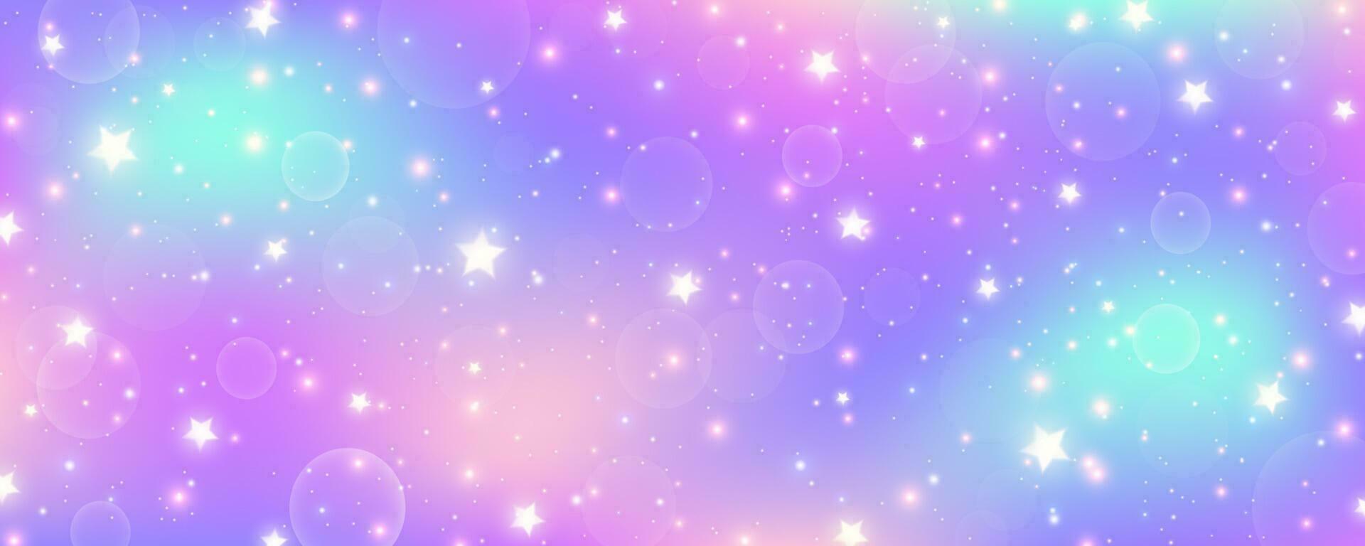 arco iris pastel antecedentes. unicornio cielo con reluciente cielo. caramelo galaxia con acuarela ligero textura. femenino linda magia fondo de pantalla. holográfico vector resumen ilustración.