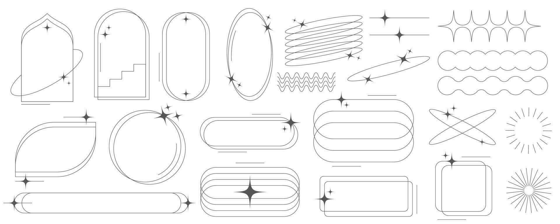 Aesthetic frames and shapes with stars. Minimal y2k outline graphic design with sparkles. Abstract minimalistic arches borders. Trendy boho geometric templates set. Vector illustration.