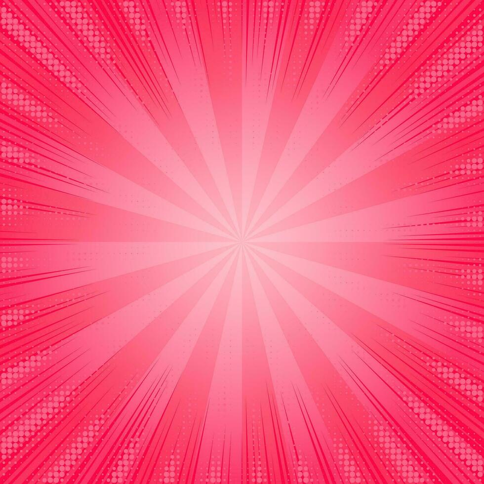 Pink comic background with sunburst and rays. Vector cartoon pattern. Abstract retro anime frame. Radial manga backdrop with halftone effect.