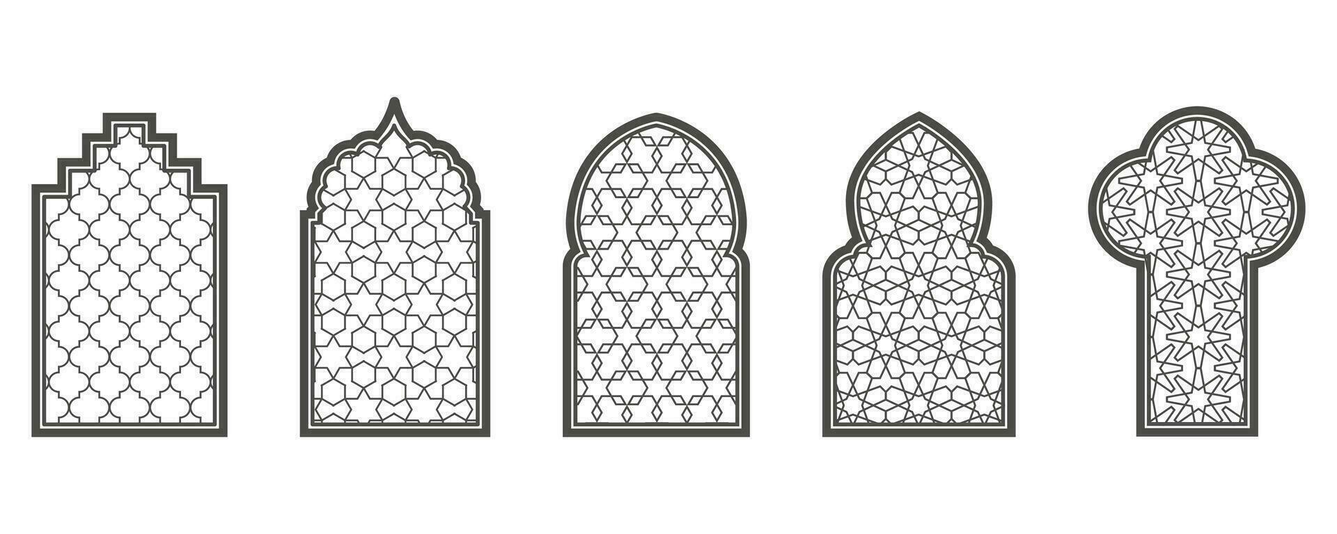 Ramadan window with pattern. Arabic frame of mosque door. Islamic design template. Vector oriental decoration with ornament.