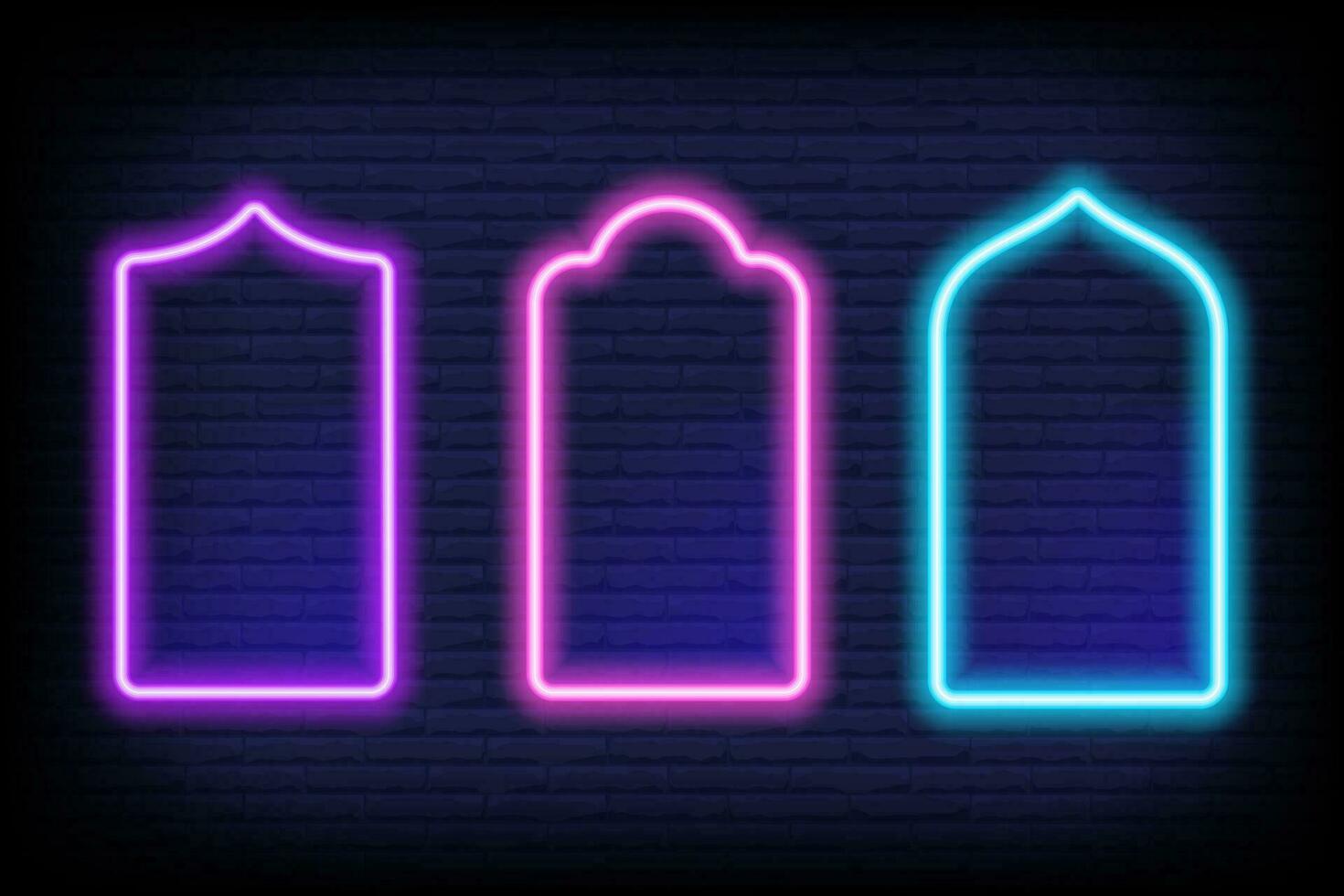 Ramadan islamic frame. Vector neon arch shape on dark background. Muslim door and window. Arabian bright template set.