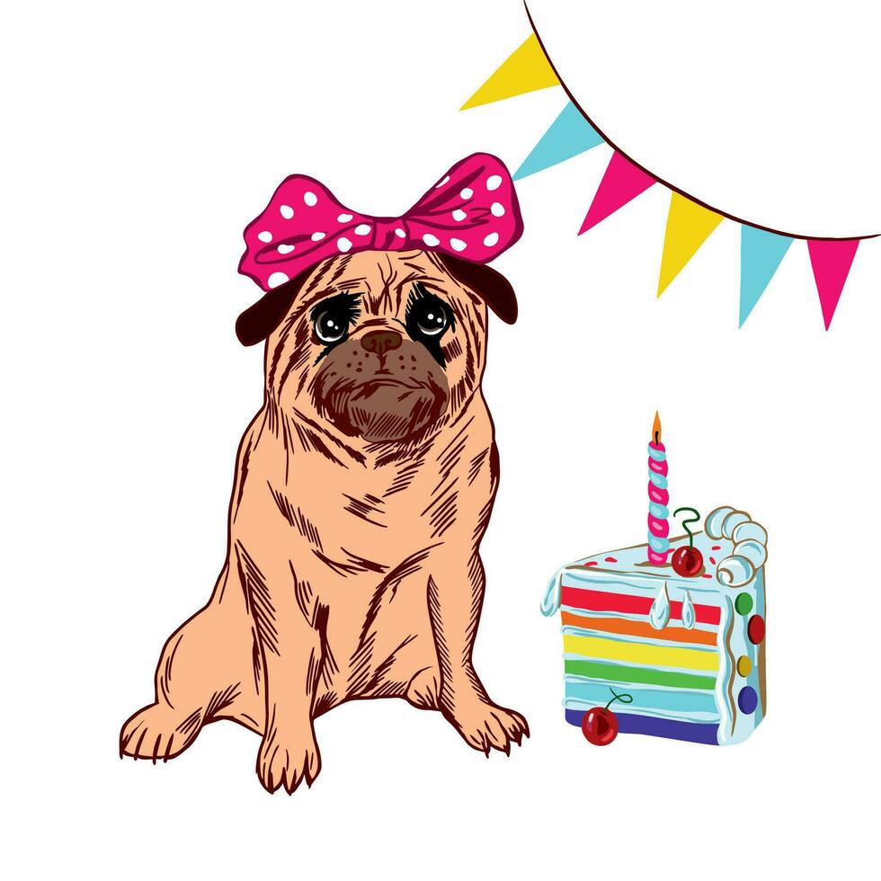 Funny pug with a bow on his head against the background of flags and a piece of cake. Vector illustration on the theme of Happy Birthday. Design element for greeting cards, holiday banners.