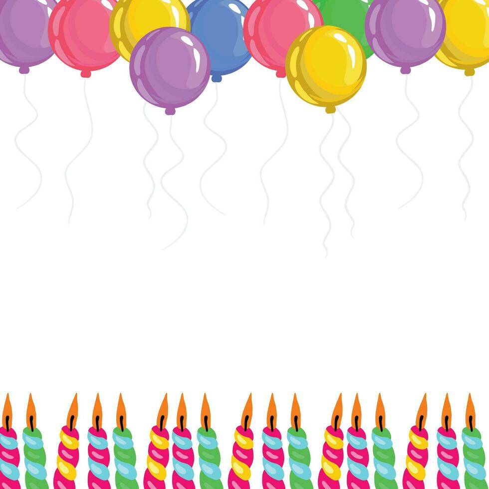Multicolored balloons and candles. Congratulatory banner vector illustration. Happy birthday theme. Design element for greeting cards, holiday banners, family celebrations.