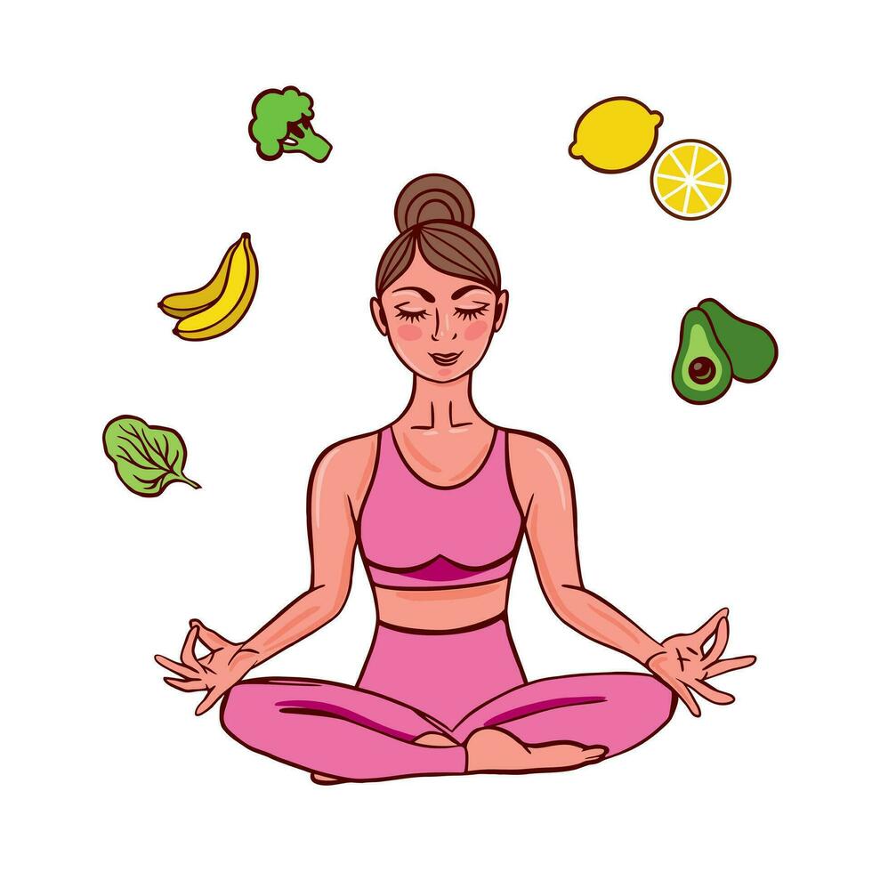 niña en el loto posición, yoga. vector ilustración en el tema de un sano estilo de vida. diseño elemento para un sano día y bienestar centro, yoga estética.