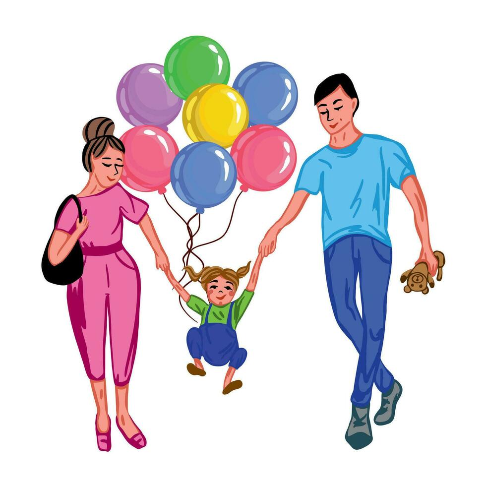 Mom, dad and daughter on the background of balloons. Vector illustration of a happy family. Family day. Design element for greeting cards, holiday banners, family themes.