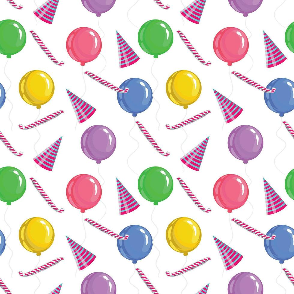 Multi-colored balloons, birthday pipes, holiday hats. Seamless vector pattern for congratulations. Happy birthday theme. Design element for greeting cards, holiday banners, wrapping paper.