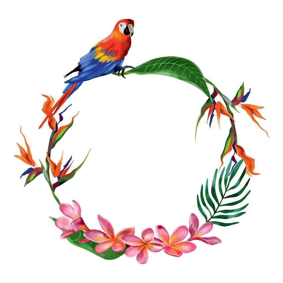 Bright wreath of exotic flowers with a parrot. Vector illustration of tropical plants in a watercolor style. Design element for summer banners, flyers, invitation and greeting cards.