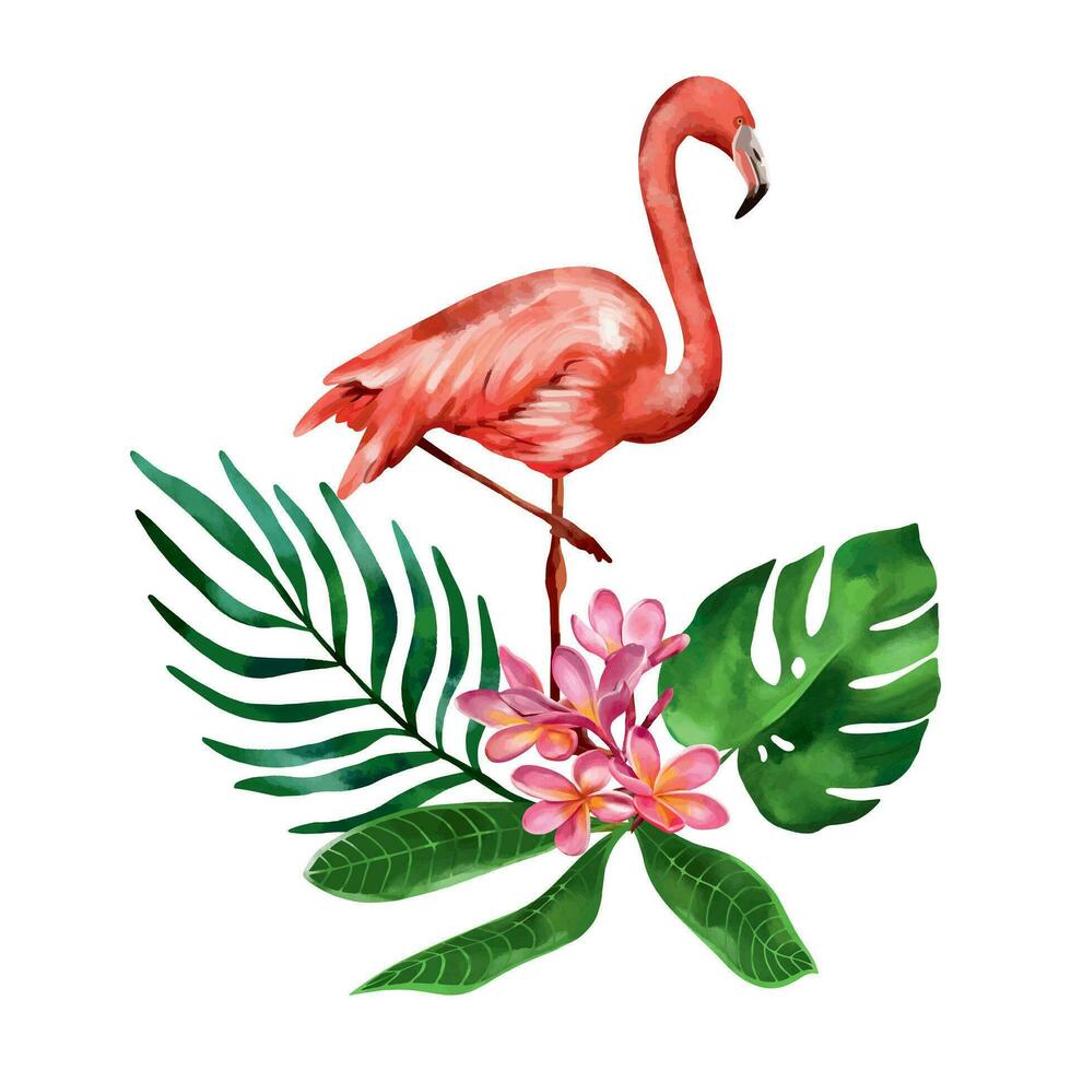 Pink flamingo with tropical plants. Vector illustration of a bird in a watercolor style on a white background. Design element for summer banners, greeting cards, packages in tropical style.