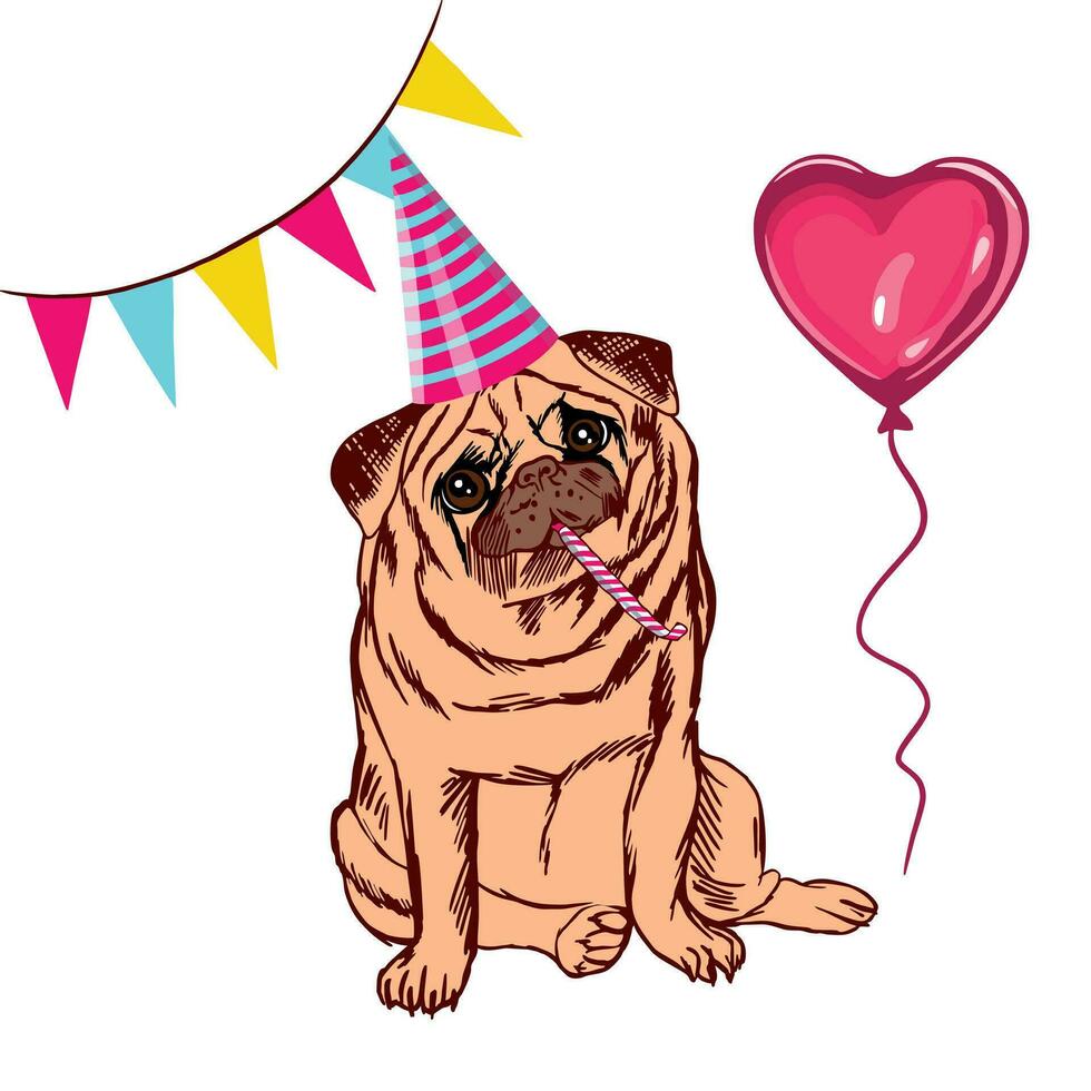 Funny pug in a festive cap with a pipe against the background of flags and a heart-shaped balloon. Vector illustration on the theme of Happy Birthday. Greeting cards, holiday banners.