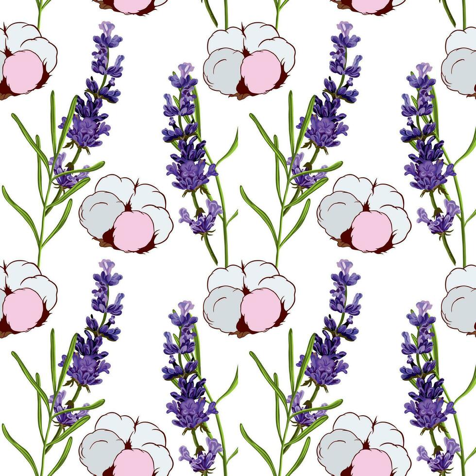 Cotton flowers and lavender. Vector seamless pattern on a white background. Design element for wrapping paper, covers, textiles, bags, cosmetic products.