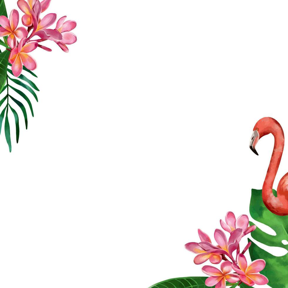 Watercolor background in tropical style. Vector illustration of a template with flamingos, tropical leaves and plumeria flowers. Design element for wedding invitations, greeting cards, summer banners.