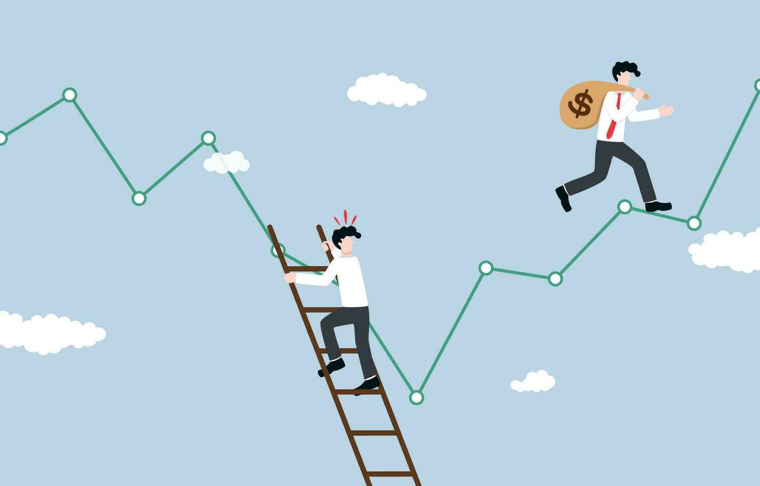 Lose opportunity to profit from stock market, false speculation concept, Businessman climbing down ladder against downtrend graph while another investor carrying money bag on uptrend graph. vector