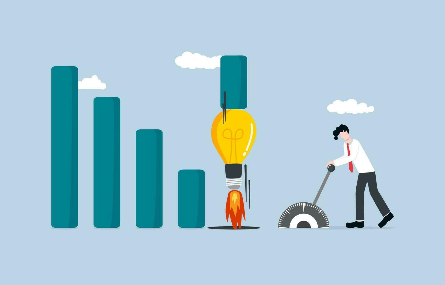 Idea to boost business sales, solution to problem reduced company revenue,  effort to increase investment profit concept, Businessman lauching idea light bulb to push downtrend bar graph into sky. vector