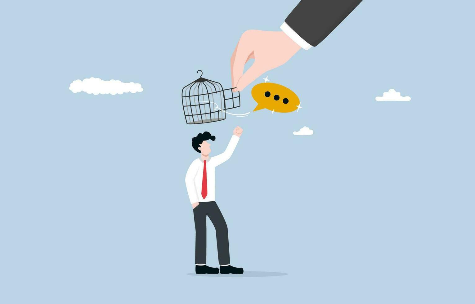 Freedom of thought from boss, giving more  opportunity to express opinion, encouragement and support in workplace concept, Boss hand opening cage over businessman head to release thought bubble. vector